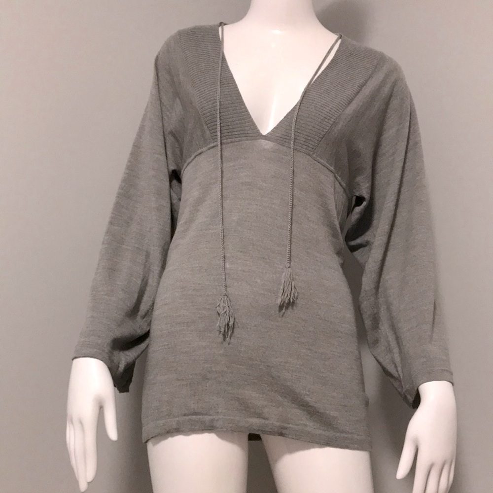 Theory merino wool Gray V-Neck Sweater with Tassels